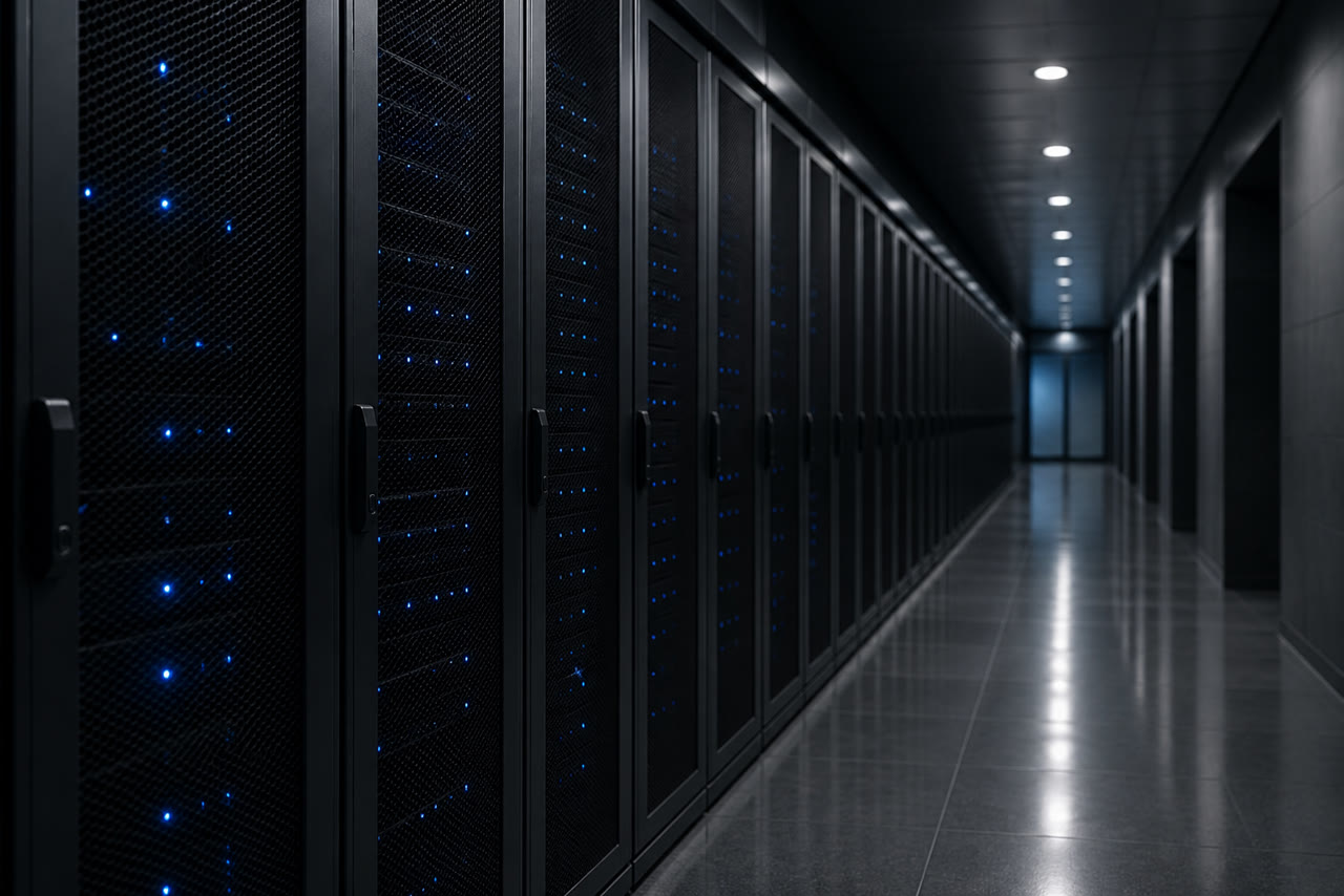 Rows of server racks inside a data center